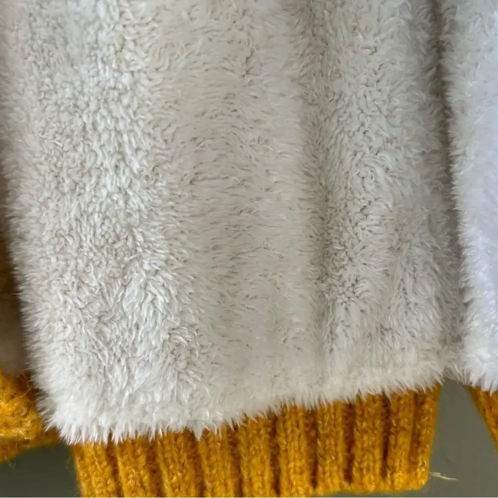 Boboli Kid’s Yellow Cable Knit Button Down Hoodie, Faux Fur Lining Size 8yrs NWT